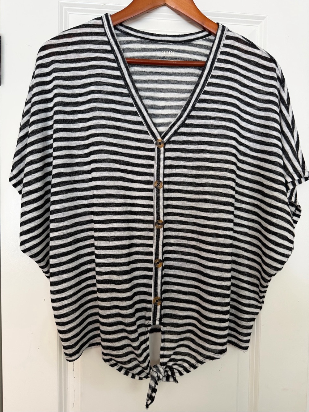 Striped Black & White Button-Front Tie-Hem Top
